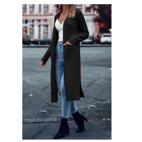 Long Ribbed Cardigan Sweater Black Open Front Oversized M - Picture 4 of 9